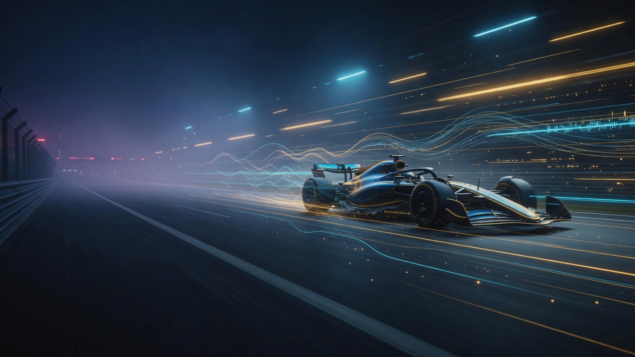 Modern Formula 1 car in high-speed motion on a dark night circuit, elegant gold and cyan light trails fusing racing precision with real-time trading data — clean visual metaphor for speed, control and disciplined execution