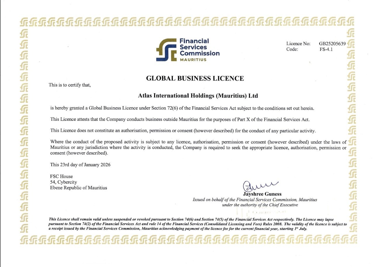 FSC Mauritius Global Business Licence — Atlas International Holdings (Mauritius) Ltd, No. GB25205639